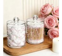 Pot de rangement pour cotons-tiges à motif nœud papillon, pot de salle de bain transparent à nœud papillon rose, boîte de rangement pour cotons-tiges/fil dentaire, pot transparent en acrylique pour co