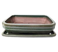 Pot en céramique émaillée pour bonsaï avec bac de drainage - Vert, 26 cm