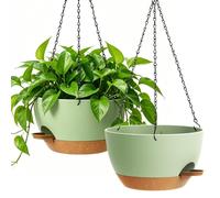 Pot suspendu autoarrosant - 33 cm - Vert-brun - Lot de 2 - Pour plantes d'intérieur et d'extérieur