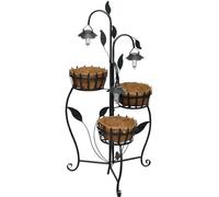 Poteau à LED solaire avec 3 paniers en fibre de coco - 109 cm de hauteur - fonte - noir et marron - capteur d'ombre inclus - décoration de jardin sans fil - poteaux verticaux pour plantes