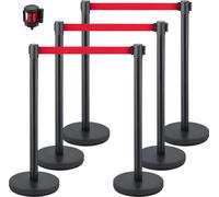 Poteaux de contrôle des foules, lot de 6 pièces Lot de poteaux, lot de poteaux avec sangle rétractable rouge de 2 m, barrière de contrôle des foules noire avec base en caoutchouc – Assemblage facile p