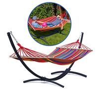 Potenza® Support Métal avec Hamac Double XXL pour 2 Personnes Démontable - Max 220 kg - Coton avec Barre Rouge - Graphite