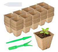 Pots de culture 6 x 6 cm - Pots de semis biodégradables - 100 cellules - Pots de semis avec étiquettes de plantes - Cellulose - Bol de semis carré - Petit pot de pulpe en papier naturel - Pour semis