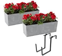 Set 2x jardinière balcon avec pot de fleurs aspect béton gris 56x19 H19,5cm + support métal noir