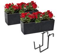 Set 2x jardinière balcon avec pot de fleurs aspect béton noir 56x19 H19,5cm + support métal noir