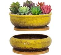 Pots de fleurs rectangulaires et ronds en céramique avec drainage et cache-pot en bambou pour l'intérieur – pour cactus et bonsaïs.