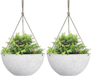 Pots de fleurs suspendus 25 cm blanc moucheté - set de 2 - avec trous de drainage et bouchons - pour décoration de jardin boho