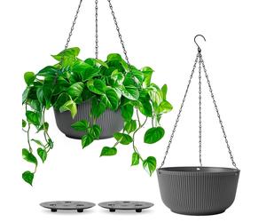 Pots de fleurs suspendus de 25 cm, lot de 2, pots suspendus avec chaînes, pots suspendus avec système d'arrosage pour le jardin, le salon, pots suspendus d'extérieur, pots de fleurs suspendus, noir ma