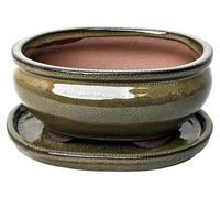 Pots en céramique émaillée pour bonsaï, avec sous-couche - Vert olive, 16 cm