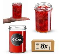 Pots en verre - Pots de conservation de 475 ml, lot de 8 - Forme cylindrique - Pour confitures et miel - Pour la conservation et la pasteurisation - Pot en verre réutilisable - FCM - Transparent