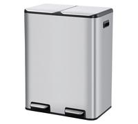 Poubelle 2 x 30 litres - Poubelle en acier inoxydable avec pédale - Double compartiment pour le tri des déchets - Couvercle à fermeture douce - Bacs intérieurs amovibles - Rectangulaire - Argent