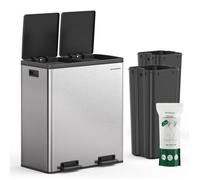 Poubelle à Double Compartiment 2 x 30 L, avec 15 Sacs Poubelles, Pédales en Métal, 2 Seaux Intérieurs en Plastique, Argent et Noir