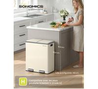Poubelle à Double Compartiment 2 x 30L, avec 15 Sacs Poubelles, 2 Seaux en Plastique, Fermeture en Douceur, Hermétique, Crème