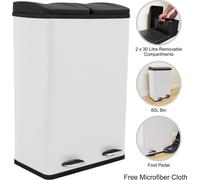 Poubelle à double compartiment en acier inoxydable, 60 L, système de tri sélectif, poubelle, corbeille à papier, poubelle de recyclage, 2 compartiments amovibles, poubelle à pédale, blanche