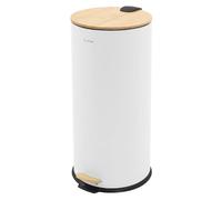 Poubelle à pédale 30L blanche en acier couvercle de bambou fermeture silencieuse