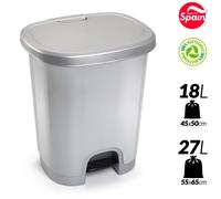 Poubelle à pédale - Conteneur à déchets - 27 litres - Rectangulaire - Avec pédale - En plastique PP - Écologique - Gris