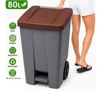 Poubelle à pédale - Conteneur à déchets de 80 litres - En polypropylène (PP) - Équipée de 2 roues et d'une poignée - Ouverture hygiénique - Construction robuste - Couvercle marron