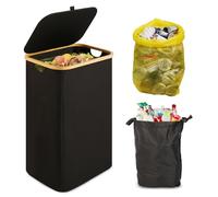 Poubelle Cuisine 100L Couvercle Anti-Odeur & poignées en Bambou - Pliable Gain de Place, Sac Lavable & Ouverture Scratch - Comme Panier à Linge ou Rangement - Pour Buanderie, Salle de Bain, Noir