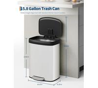 Poubelle de 60 litres - Conteneur à déchets - Acier inoxydable - Pédale d'ouverture - Couvercle à fermeture douce - Porte-sac - Blanc