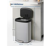 Poubelle de 60 litres - Poubelle en acier inoxydable - Pédale pour l'ouverture - Couvercle en plastique avec système de fermeture douce - Porte-sac - Forme rectangulaire - Argentée