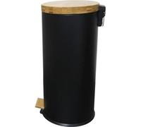 Poubelle de Cuisine à Pédale, 30L, Noir Mat, Acier Inoxydable et Bambou, Anti-trace de doigts