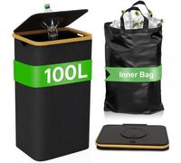 Poubelle de cuisine - Conteneur de recyclage pliable de 100 litres - Bois - Rectangulaire - Couvercle à bascule - 1 sac intérieur - Collecteur de bouteilles