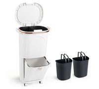Poubelle de cuisine COSTWAY, système de tri des déchets, 2 poubelles intérieures de 12 l et poubelle à pédale de 14 l, poubelle à roulettes, couvercle, pédale et crochet, collecteur de déchets, blanc
