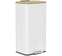 Poubelle de cuisine - Poubelle à pédale - 20 litres - Couvercle en bambou avec système de fermeture en douceur - Seau intérieur amovible - Corps en métal - Blanc