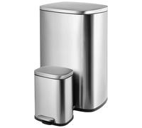 Poubelle de cuisine - Poubelle à pédale 50L + 5L - Double compartiment - Couvercle à fermeture douce - Acier inoxydable anti-empreintes digitales - Rectangulaire - Argent