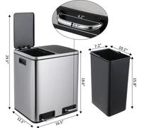 Poubelle de cuisine - Poubelle à pédale à double compartiment - 2x15 L (30 L) - Acier inoxydable - Fermeture en douceur et fonction de maintien en position ouverte - Inserts amovibles - Argenté