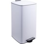 Poubelle de cuisine Relaxdays, 30 litres, système d'ouverture automatique, seau intérieur amovible, métal mat, poubelle à pédale carrée, blanche