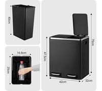Poubelle de cuisine - Seau à pédale double - 2x15 l - Inox - Soft-Close, couvercle avec fonction de maintien ouvert - Seau intérieur amovible - Noir