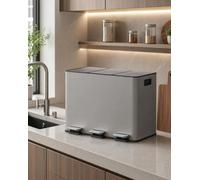 Poubelle de cuisine - Triple compartiment de 45 litres, couvercle à bascule - Acier inoxydable - Couvercle à fermeture douce - Action par pédale - Bacs intérieurs amovibles - Peu odorante et antidérap