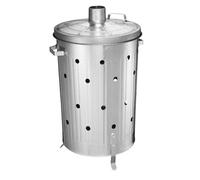 Poubelle de jardin 75 litres pour feuilles, déchets et résidus. Cylindrique. Avec couvercle, poignées et pieds. Acier galvanisé. Utilisez-le comme composteur pour les engrais organiques ou les cendres