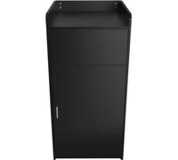 Poubelle en bois avec plateau, noir, pour usage professionnel : restauration, restaurants, snack-bars, cafés. Corps de poubelle avec porte battante, en mélaminé-MDF, capacité 100 L, et 3 autocollants