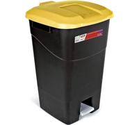Poubelle jaune de 60 litres avec bouton-poussoir, fond noir et couvercle jaune.