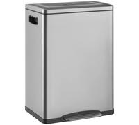 Poubelle - Pédaleuse - 40 litres - Acier inoxydable - 2 seaux intérieurs - Couvercle à fermeture douce - Pédale - Argent