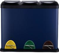 Poubelle Relaxdays, 3 compartiments, 24 L, pédale, seau intérieur, système de tri des déchets pour la cuisine, D x L x H : 39,5 x 46 x 26,5 cm, fer, bleu