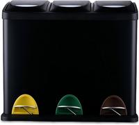 Poubelle Relaxdays, 3 compartiments, 24 L, pédale, seau intérieur, trieur de déchets de cuisine, D x L x H : 39,5 x 46 x 26,5 cm, fer, noir