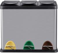 Poubelle Relaxdays, 3 compartiments, 24 L, pédale, seau intérieur, trieur de déchets de cuisine, L x l x H 39,5 x 46 x 26,5 cm, acier inoxydable, argent