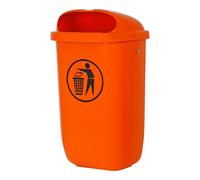 Poubelle STIER avec capot de pluie, volume : 50 L, couleur : orange, dimensions : 432 x 334 x 745 mm, poubelle à monter sur poteaux, mâts et murs, conforme à la norme DIN 30713 et stabilisée aux UV