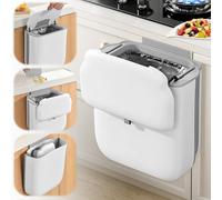 Poubelle Suspendue & Murale avec Couvercle, 10L Poubelles Cuisine Compactante Pliable, Seau Compost Anti-Odeurs Petite pour Portes Armoires Sous Evier Camping Salle Bain Bureau Voiture (Blanc)