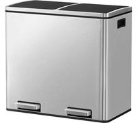 Poubelle, système de tri des déchets à 2 compartiments, poubelle à pédale pour la cuisine, 2 x 24 L, Soft-Close, seau intérieur en plastique, avec pédales et poignées, argent, grand modèle