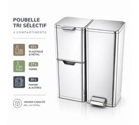 Poubelle tri sélectif 60L - 3 compartiments 30L+17L+13L - Ouverture Push - Pédale métal - Bacs amovibles - Soft Close