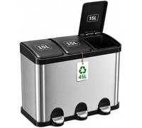 - Poubelle tri sélective à pédale, capacité totale 45 litres - Modèle RECIK3-3 - Bac amovibles de 15 litres chacun - Conteneur de recyclage pour la cuisine - Acier inoxydable - Dimensions : 60 x 37 x