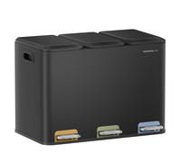 Poubelle Triple de Cuisine, 3 x 15 L, Système de Séparation Déchets, avec Couvercles et Seaux Intérieurs, Acier, Noir d'Encre