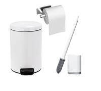 Poubelles de Salle Bain 7L avec brosse WC, Distributeur de Papier Hygiénique, Petite Poubelle à Pédale en Acier Blanche, Corbeille de Cuisine, Poubelle avec Couvercle et Seau Intérieur, Espace étroit