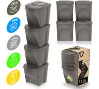Poubelles- Kit de 4 poubelles de tri - Kit de 4 poubelles de 25L couleur pierre grise à empiler Compact modulaire et lumineux Tri facile des ordures ménagères plastique