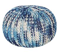 Pouf Blanc et Bleu en Coton 50 x 35 cm Moelleux pour Chambre ou Salon Rond Boho