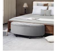 Pouf coffre avec assise et rangement, repose-pieds gris en bois d’hévéa, effet velours, chambre
